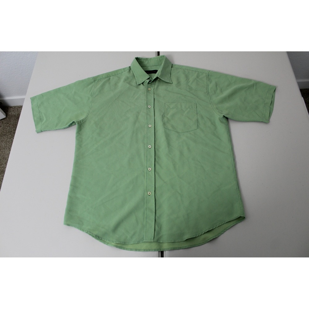 Bugatchi Uomo Mens Large Green Striped Short Sleeve Button Down Shirt Pocket